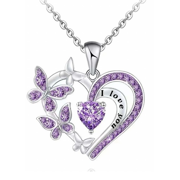 NEW! Silver Heart Pendant Necklace - Purple - Picture 2 of 13